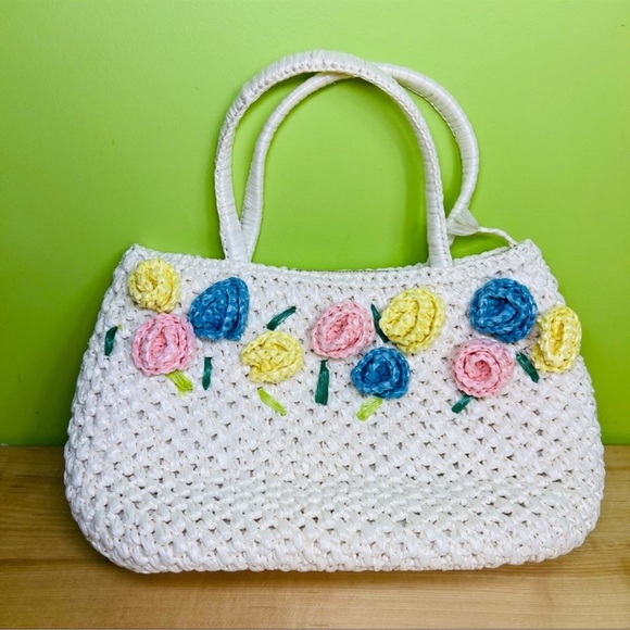Security Quality Plus Vintage Straw Floral Purse White summer - Picture 1 of 9